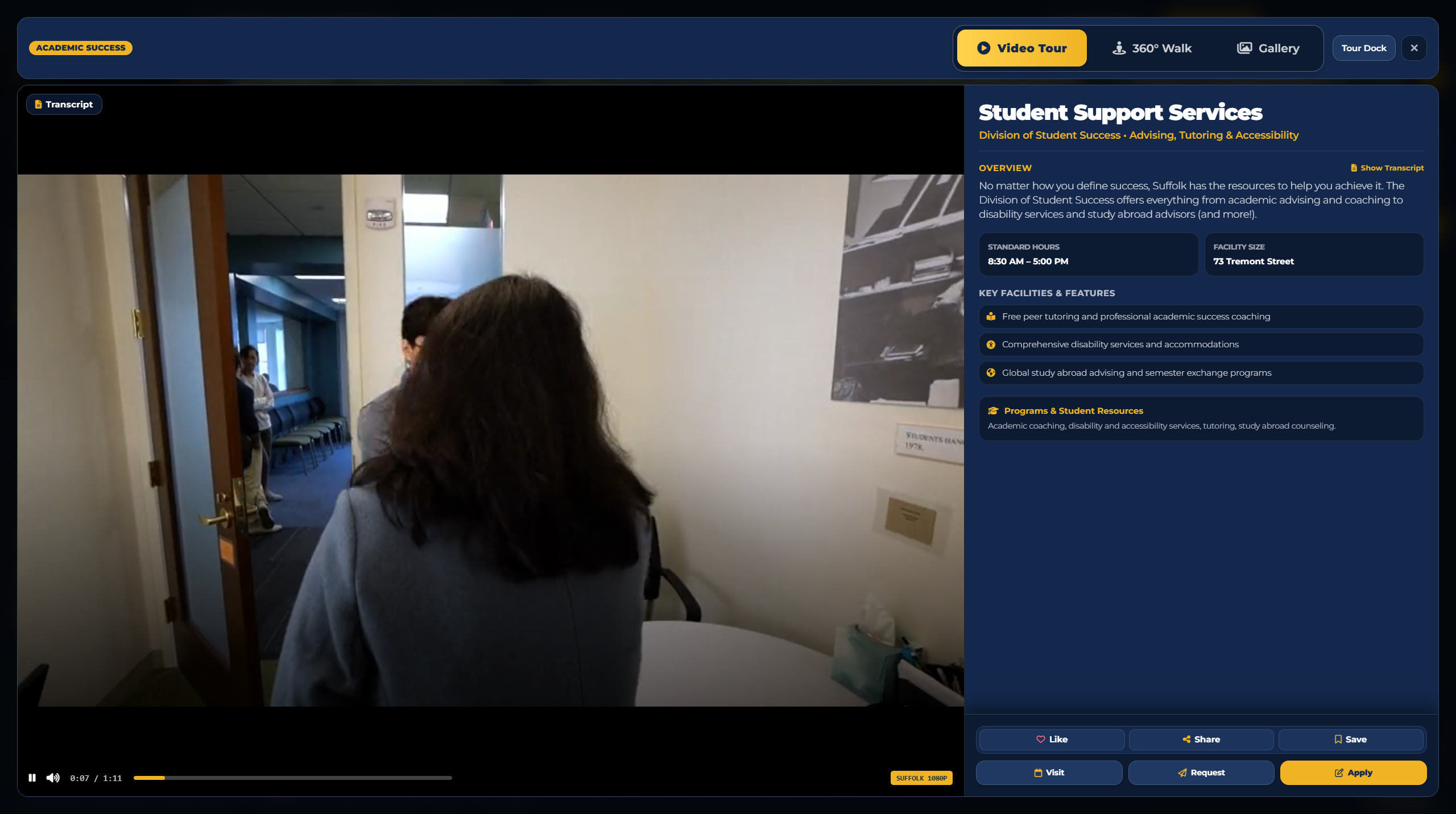 Suffolk Campus Discovery pin reveal: video player with detail panel